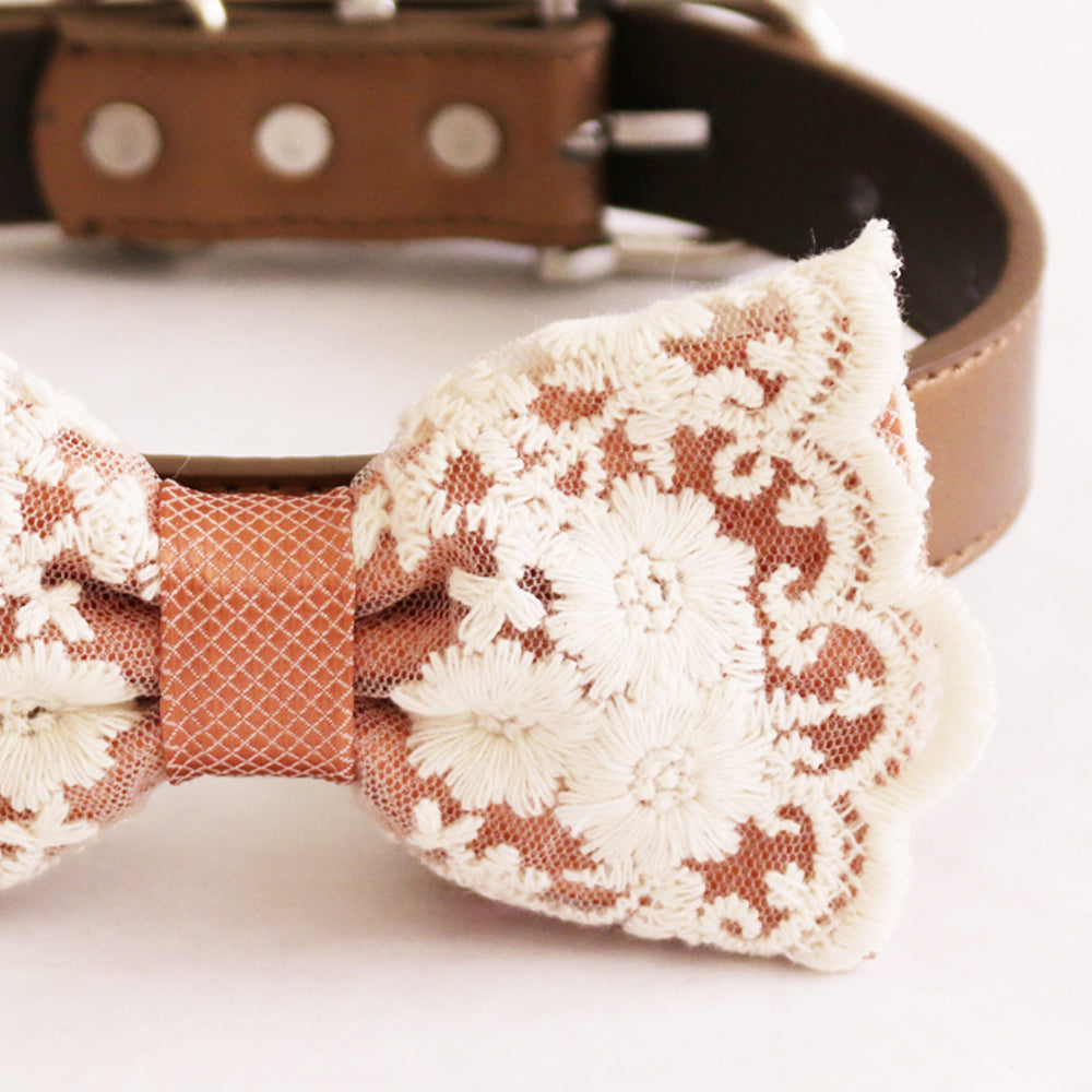 Copper lace bow tie dog collar  girl collar, M to XXL Collar, Dog ring bearer ring bearer, Handmade adjustable collar , Wedding dog collar
