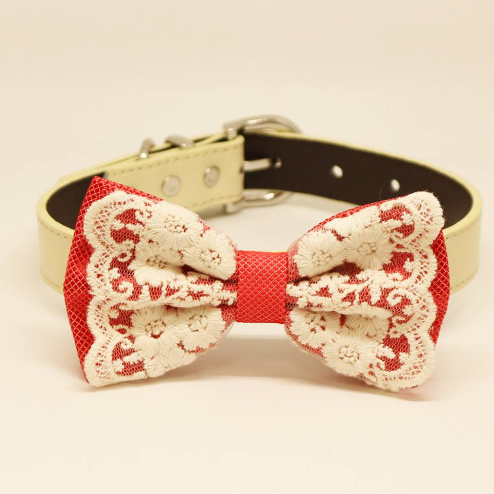 Coral Lace Dog Bow Tie, Pet Wedding collar, one of a kind handmade , Wedding dog collar