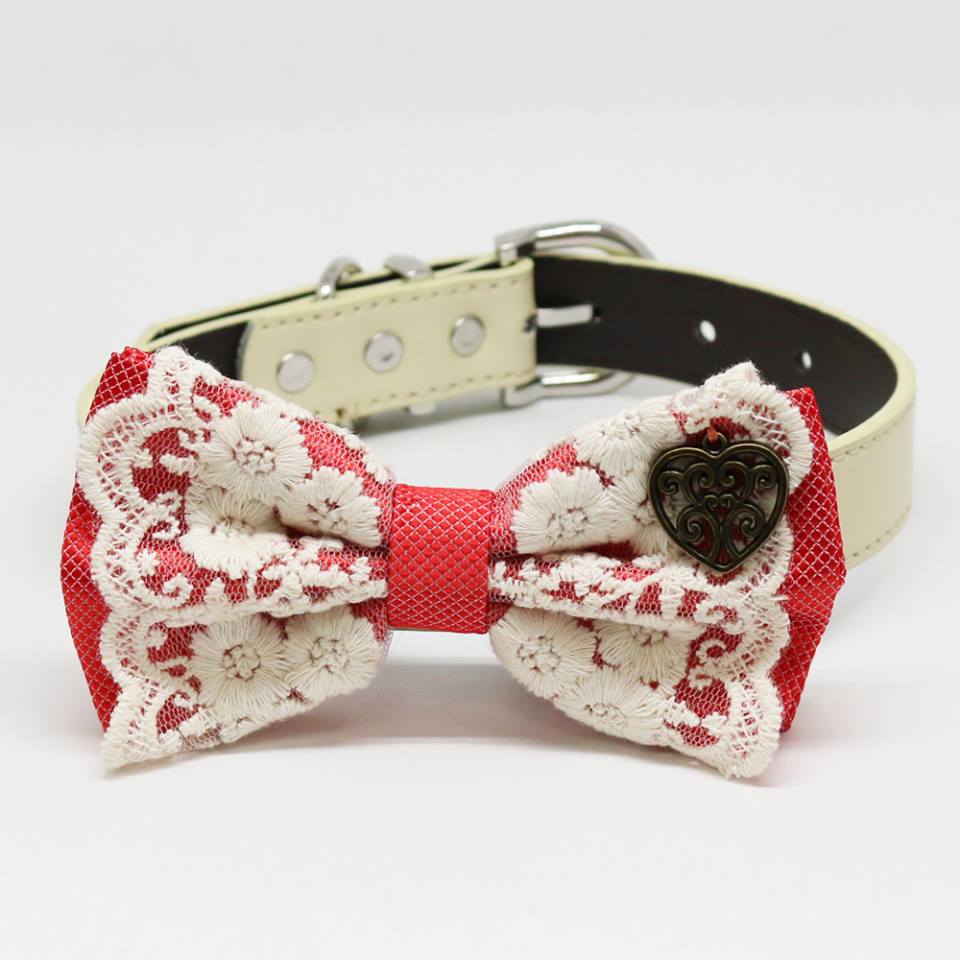 Coral dog bow tie collar, Lace, Charm Heart, Puppy Gift, Pet wedding accessory, Country Rustic , Wedding dog collar