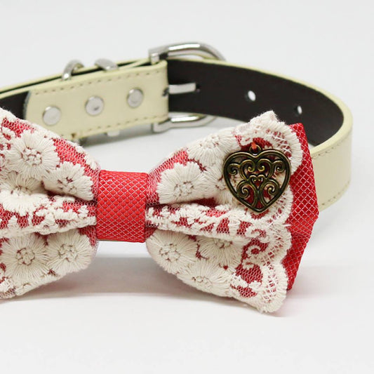 Coral dog bow tie collar, Lace, Charm Heart, Puppy Gift, Pet wedding accessory, Country Rustic , Wedding dog collar