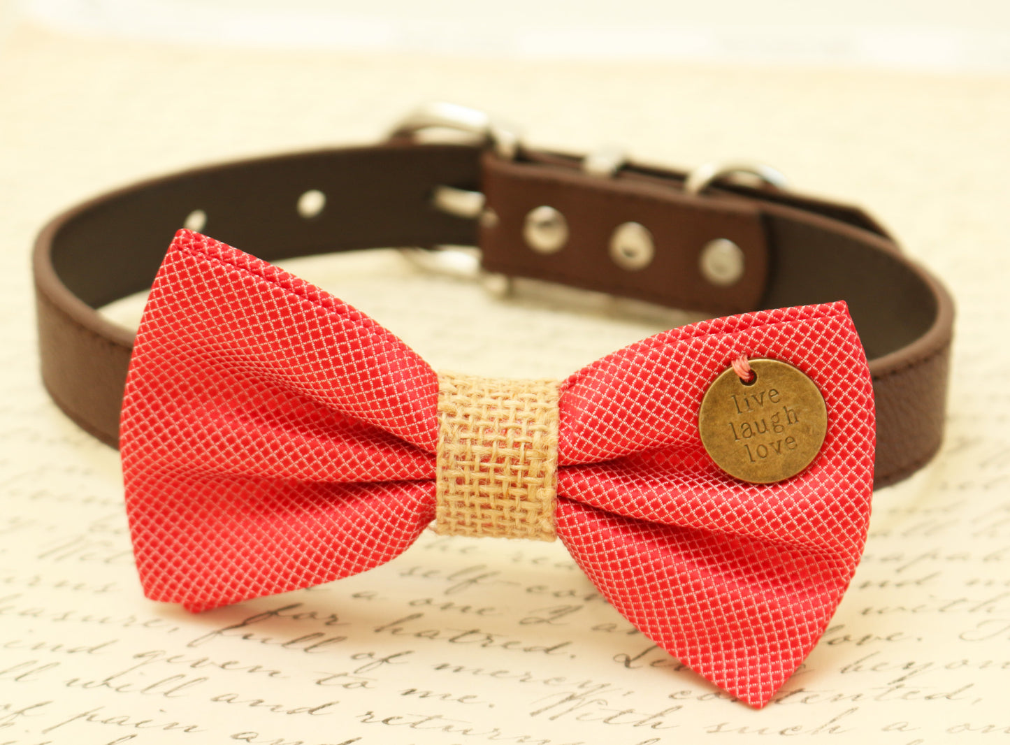 Coral Dog Bow Tie attached to collar, Coral wedding, Country Rustic , Wedding dog collar