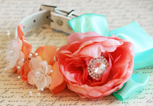 Floral Peonies Blush, Peach and Mint Floral Dog Collar Pet wedding , Wedding dog collar