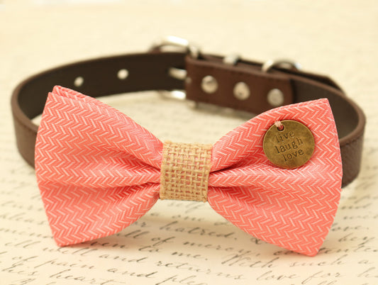Coral Dog Bow Tie attached to brown dog collar, Coral wedding, Burlap wedding, Charm , Wedding dog collar