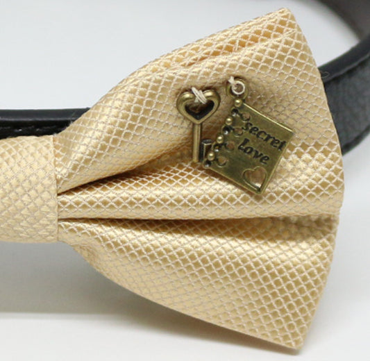 Champagne Dog Bow tie collar, key, Secret Love, one of the kind, leather , Wedding dog collar
