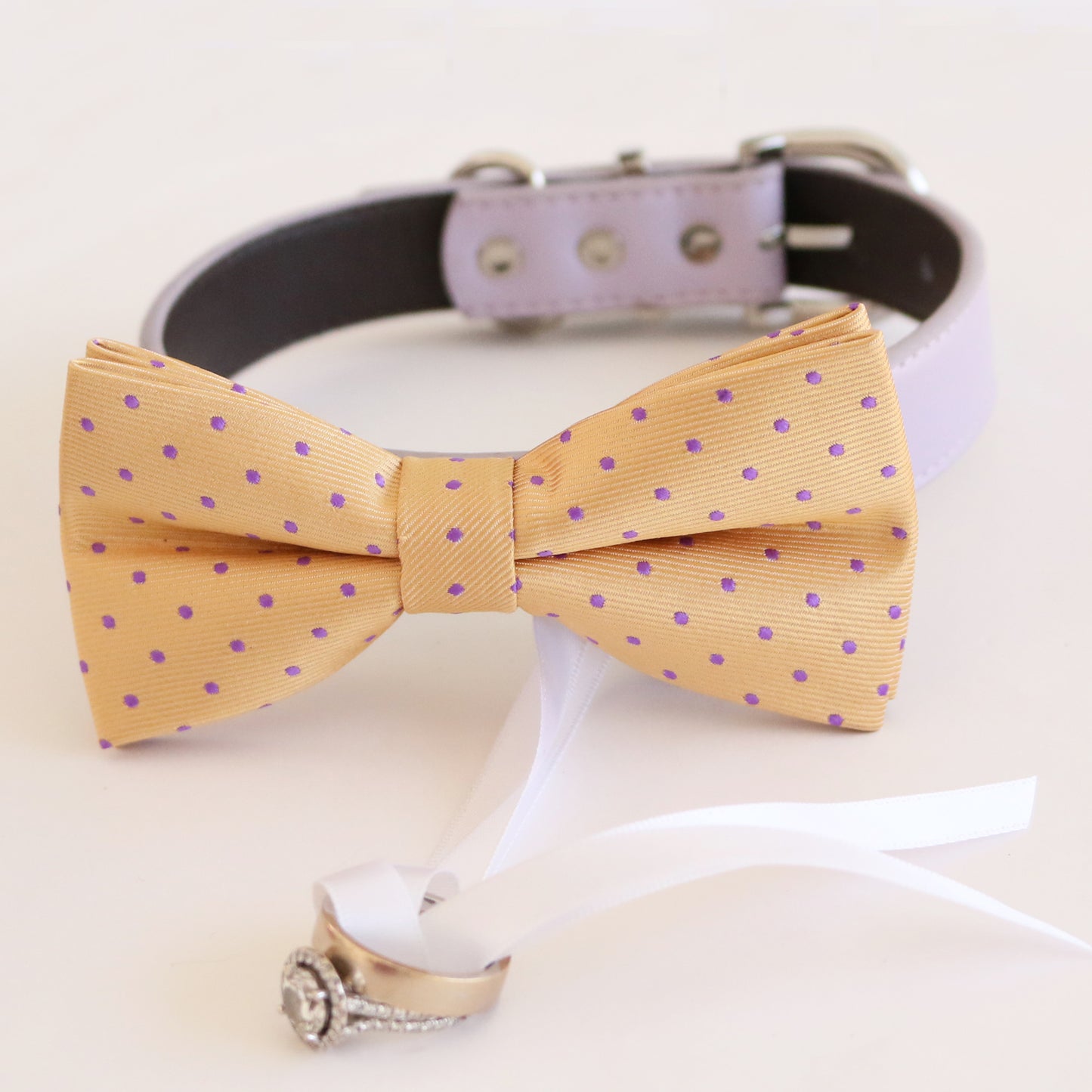 Cream lavender bow tie collar Leather collar Dog ring bearer ring bearer bow tie adjustable handmade XS to XXL collar and bow Proposal , Wedding dog collar