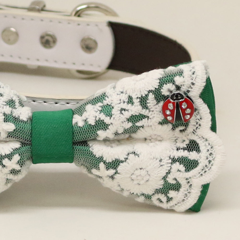 Green bow tie dog collar, Green leather dog collar, ladybug lucky charm , Wedding dog collar