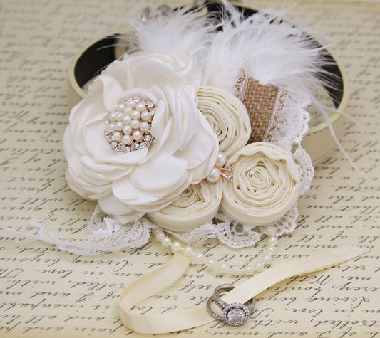 Ivory and white Flower dog Ring Bearer collar wedding, Burlap, Feather, Lace , Wedding dog collar