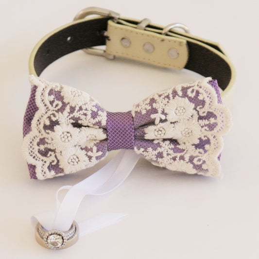 Dusty lavender lace bow tie collar Leather collar Dog ring bearer ring bearer adjustable handmade M to XXL collar bow, Proposal , Wedding dog collar