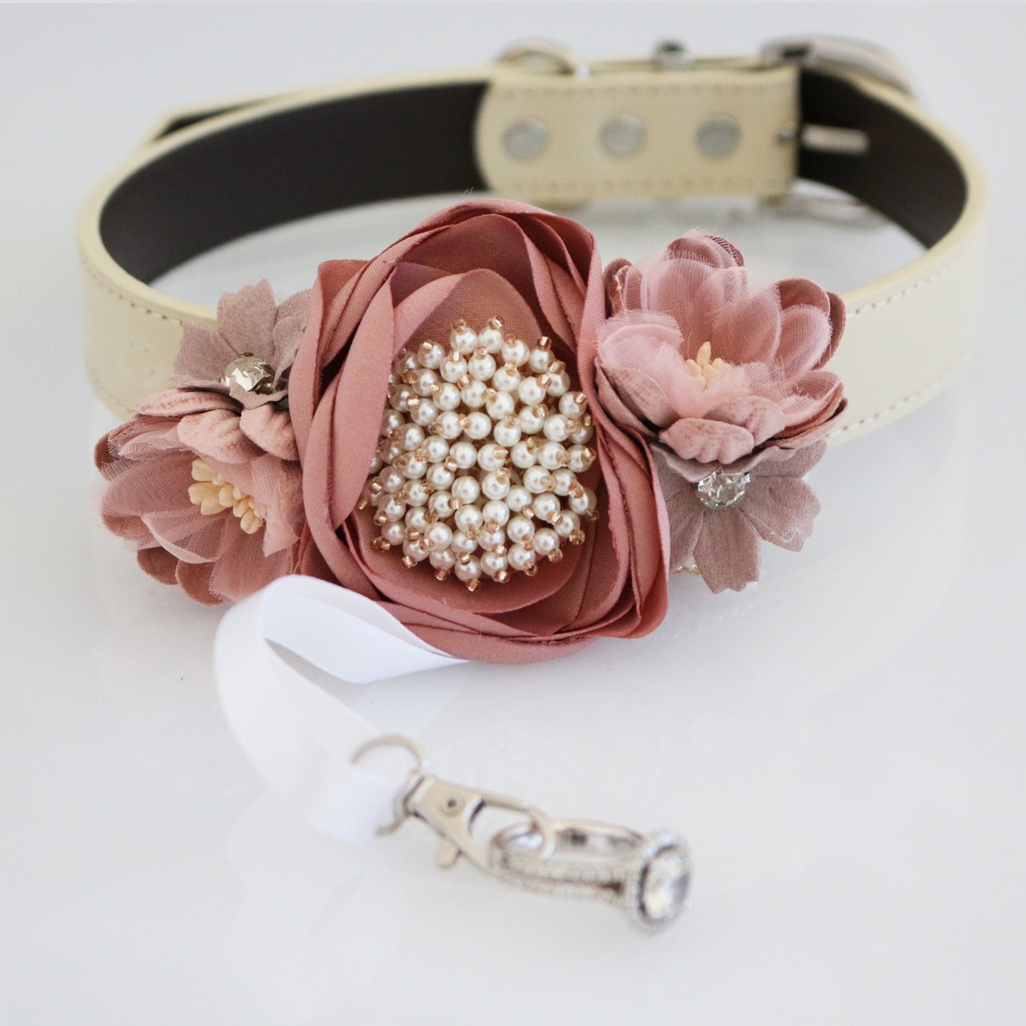 Dusty pink pearl beaded handmade flower collar, Dog ring bearer ring bearer handmade XS XXL collar, Proposal country rustic dusty pink wedding
