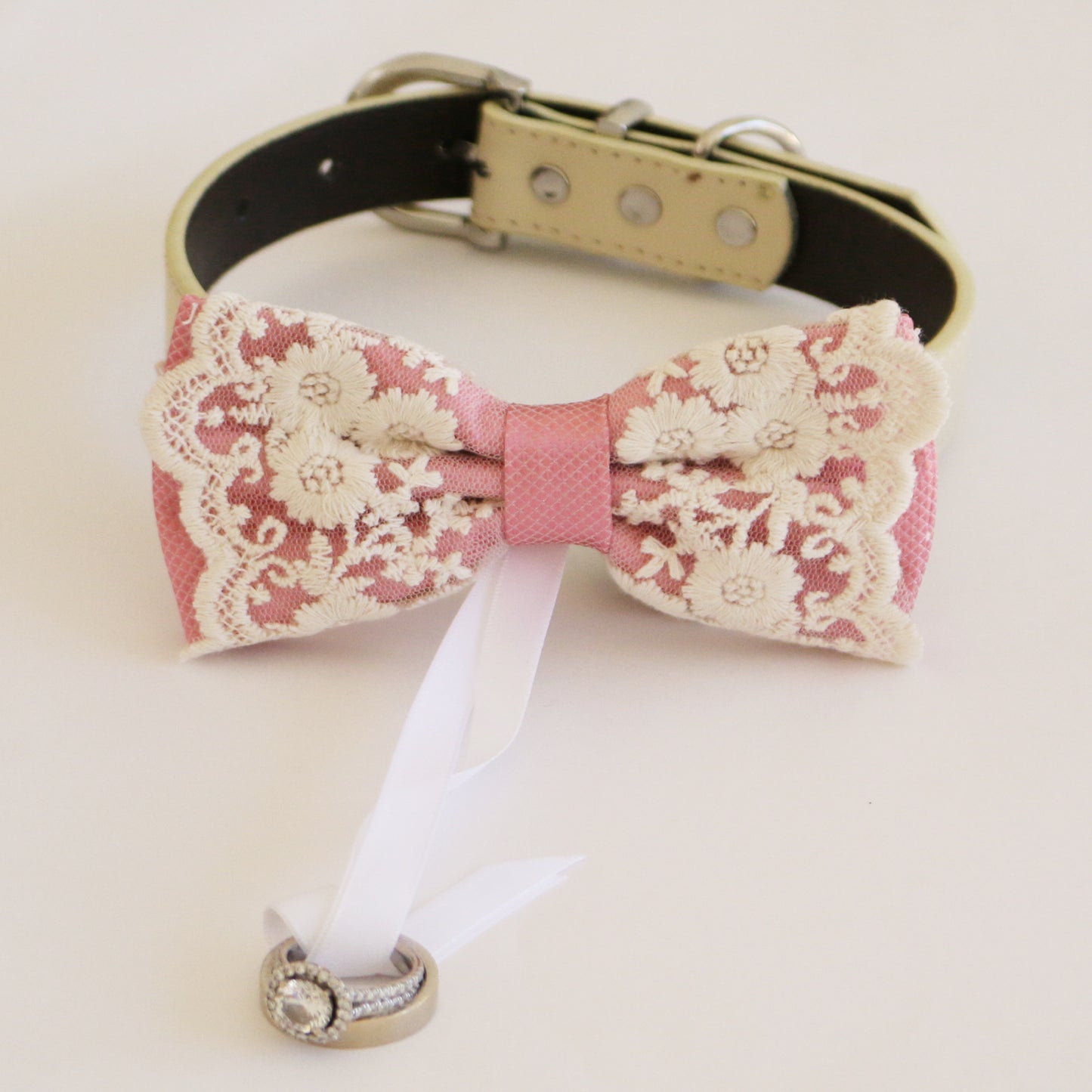 handmade dusty rose bow tie collar Leather collar Dog ring bearer ring bearer adjustable handmade M to XXL collar bow, Proposal , Wedding dog collar