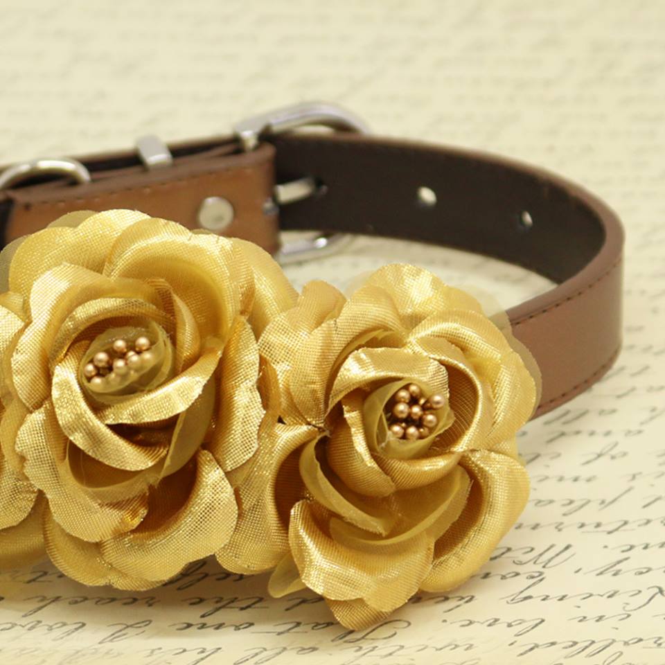 Gold Floral Dog Collar, Wedding Pet Accessory, Rose Flowers with Pearls , Wedding dog collar