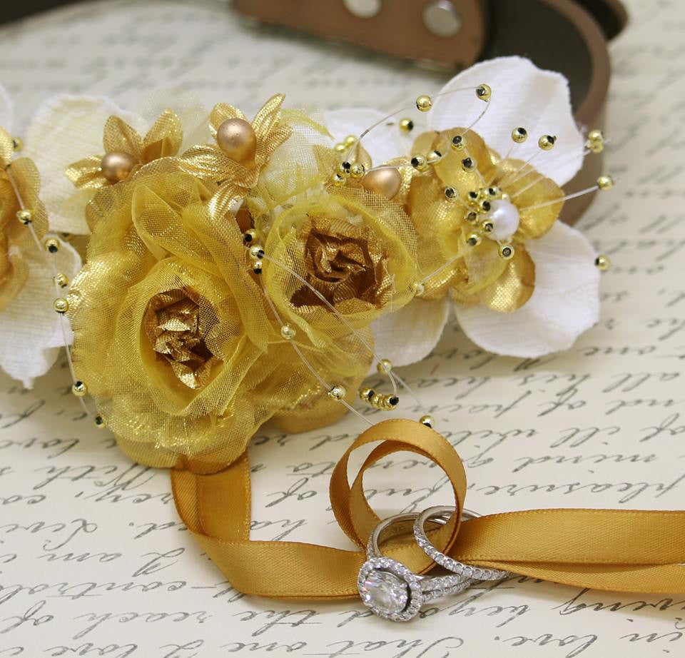 Gold Ring Bearer Wedding Dog Collar, Gold Ivory wedding, Burlap Proposal Ideas , Wedding dog collar