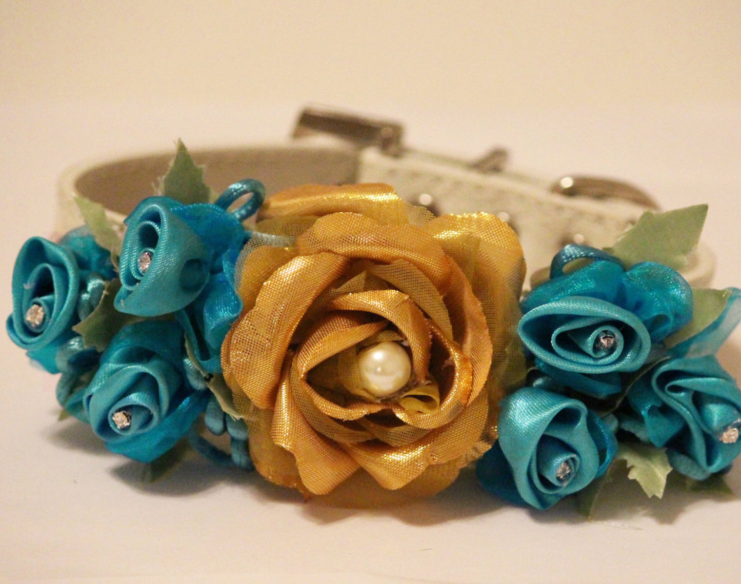 Gold Floral Dog Collar, Gold and Aqua Blue Flower Pet Wedding, Beach wedding , Wedding dog collar