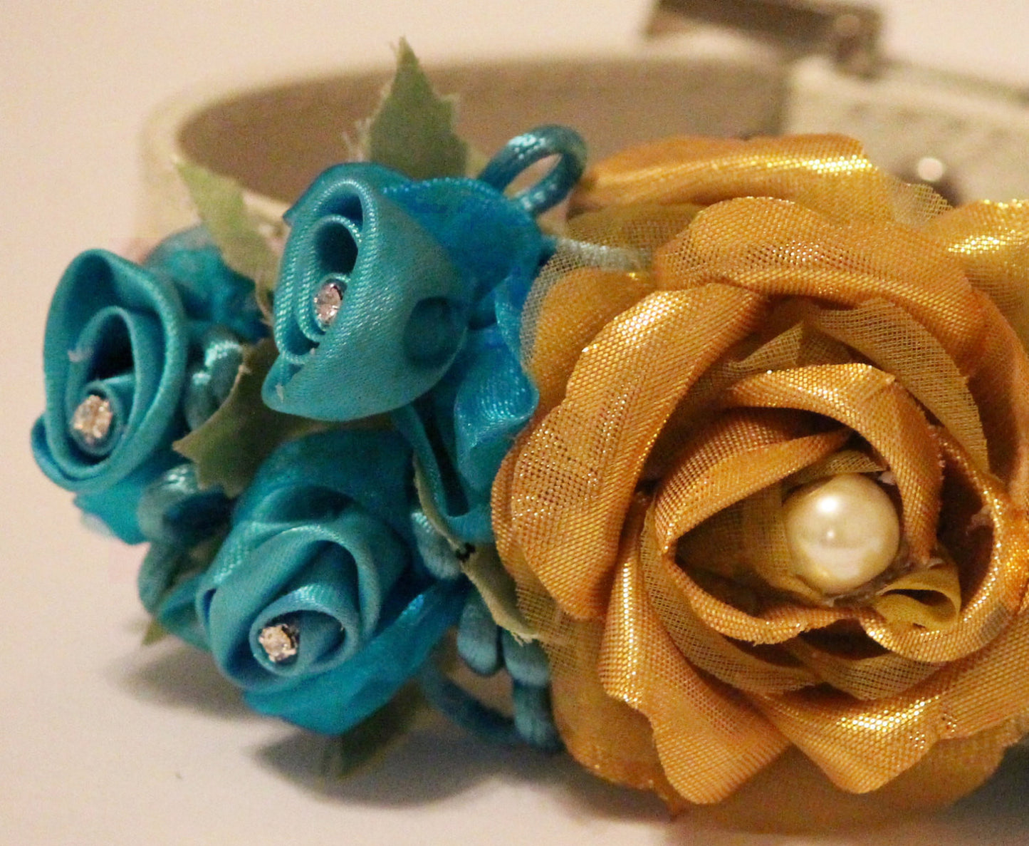 Gold Floral Dog Collar, Gold and Aqua Blue Flower Pet Wedding, Beach wedding , Wedding dog collar