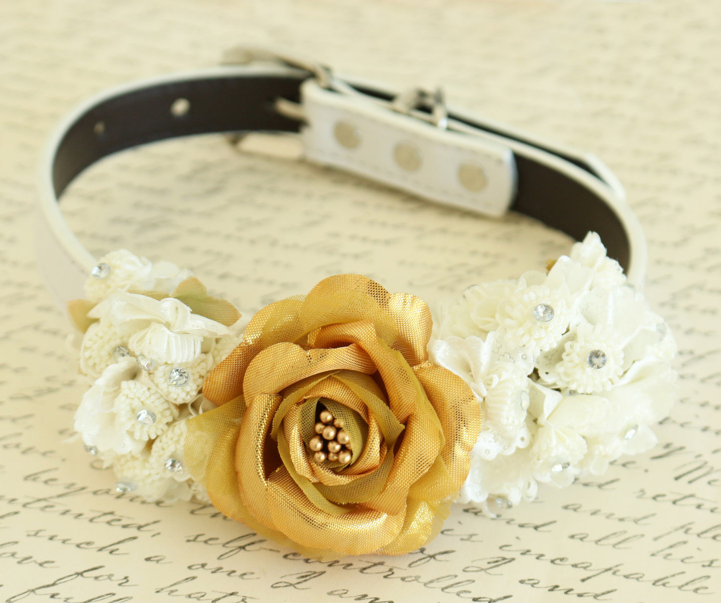 Gold Floral Dog Collar, Gold wedding, Rhinestone floral collar, wedding gift , Wedding dog collar