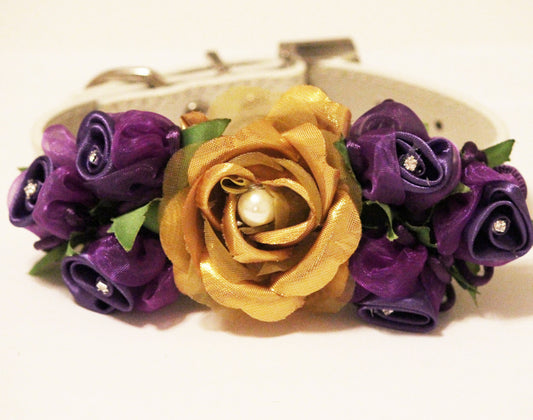 Gold Purple Floral Dog Collar, Pet floral Wedding Accessory, Gold Purple Wedding , Wedding dog collar