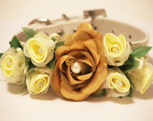 Gold Yellow Floral Dog Collar, Rhinestones and Pearl, Pet Wedding Accessory , Wedding dog collar