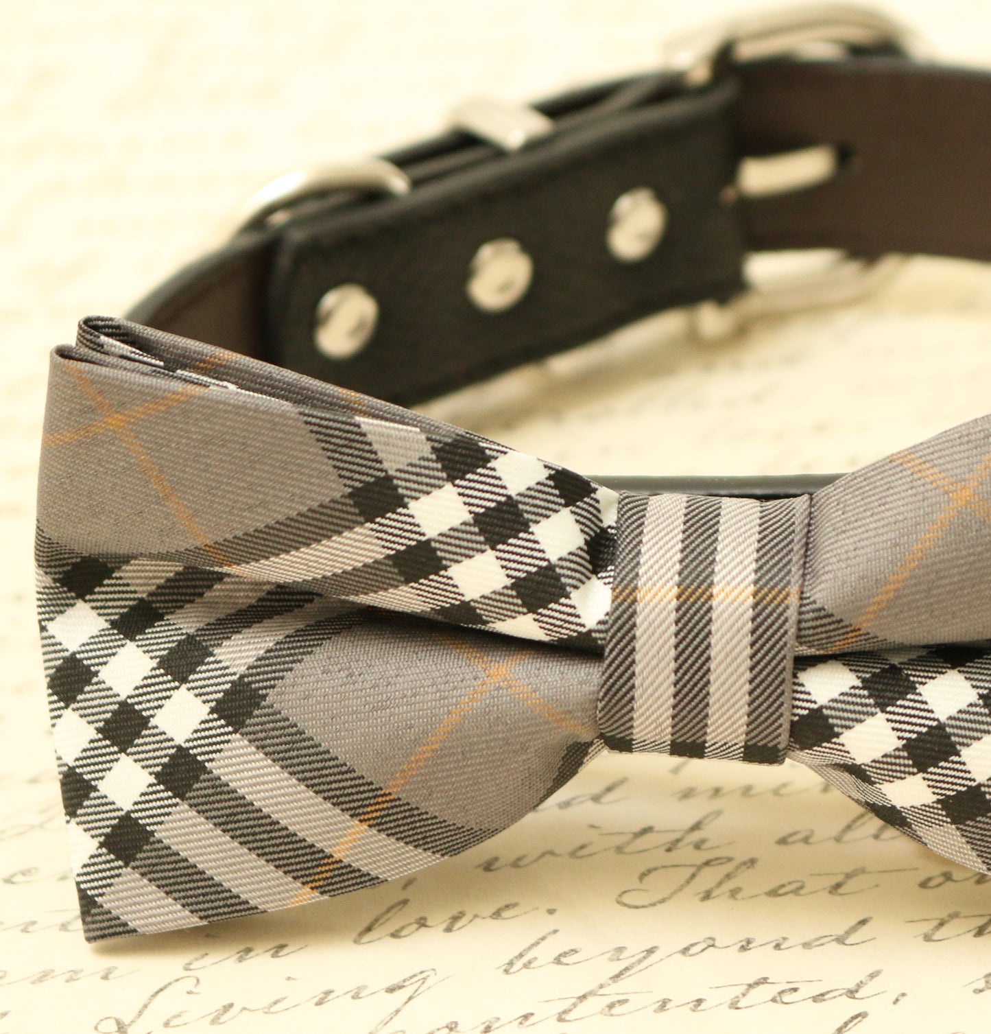 Gray Plaid Dog Bow Tie attached to collar, Gift, Gray bow tie , Wedding dog collar