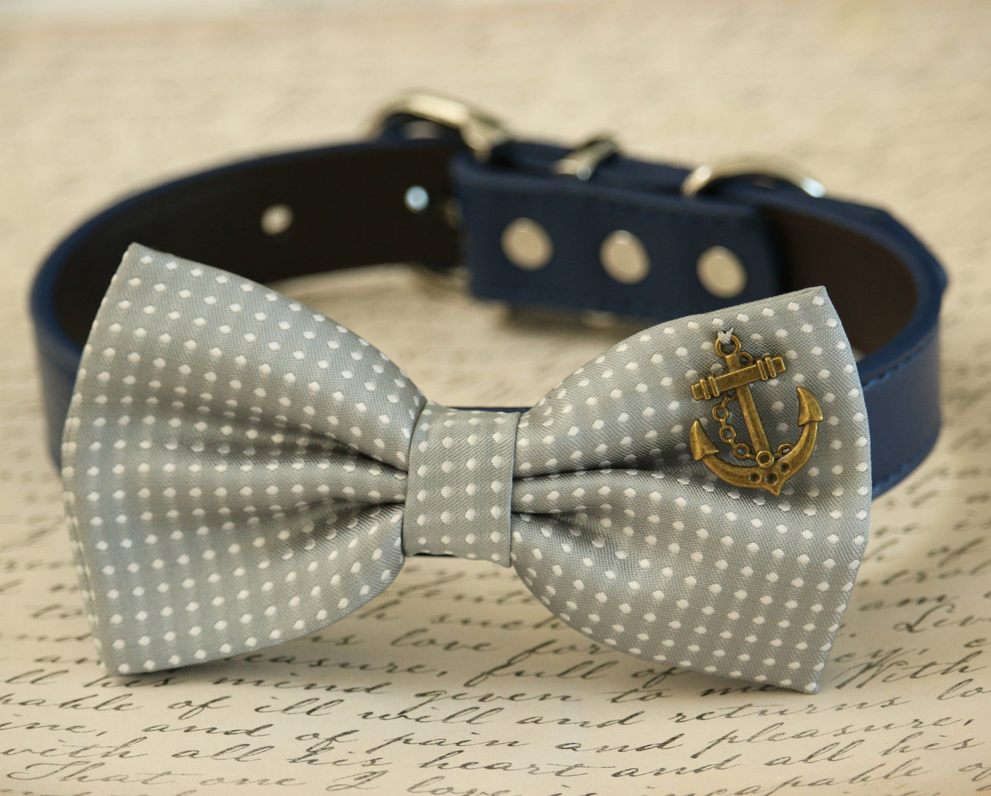 Gray dog bow tie collar, Anchor, Nautical, Beach Wedding, Dog birthday , Wedding dog collar