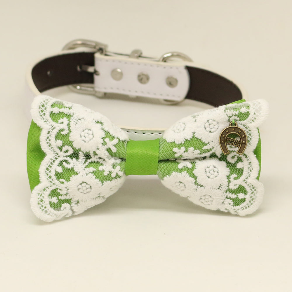 Green bow tie dog collar, Green leather dog collar , Wedding dog collar