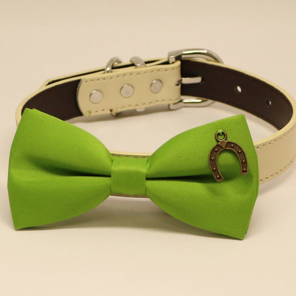 Green Dog Bow tie collar, Dogs birthday gift, Pet wedding, Charm (Horseshoe Good Luck) , Wedding dog collar