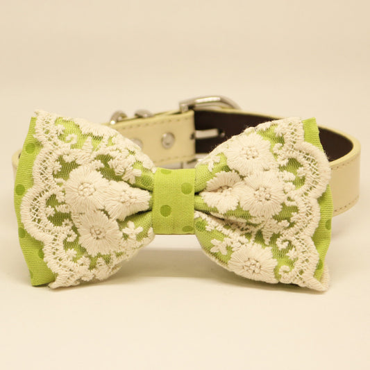 Green Lace dog bow tie collar, Ivory, Pet wedding accessory , Wedding dog collar