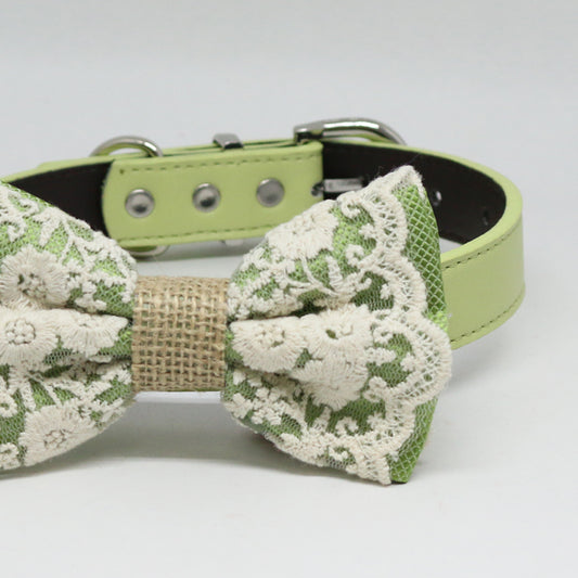 Green Lace Dog Bow Tie collar, Greenery, Burlap, Pet wedding, Spring, handmade , Wedding dog collar