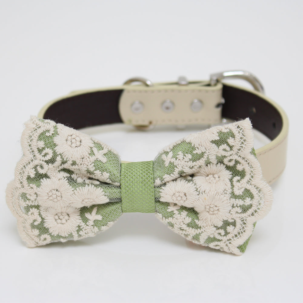 Green Bow tie collar, Green lace Bow tie attach to Ivory, brown, Copper, Champagne, gray, green or white leather collar, handmade , Wedding dog collar