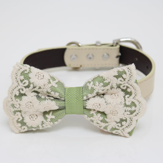Green Bow tie collar, Green lace Bow tie attach to Ivory, brown, Copper, Champagne, gray, green or white leather collar, handmade , Wedding dog collar