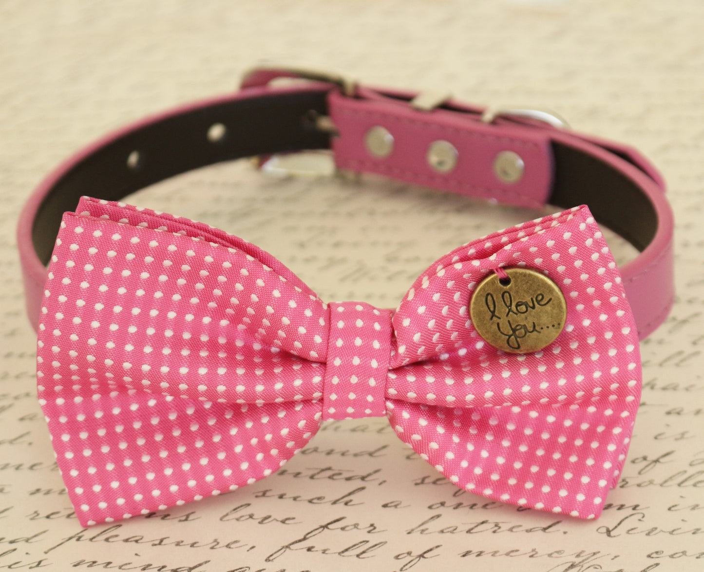 Hot Pink Dog Bow tie attached to collar, Dog gift, Pet accessory, Polka dots , Wedding dog collar