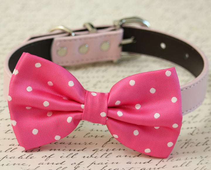 Hot Pink dog bow tie collar - Leather collar- Pink lovers - Polka dots , Wedding dog collar
