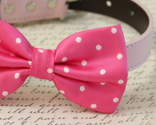 Hot Pink dog bow tie collar - Leather collar- Pink lovers - Polka dots , Wedding dog collar