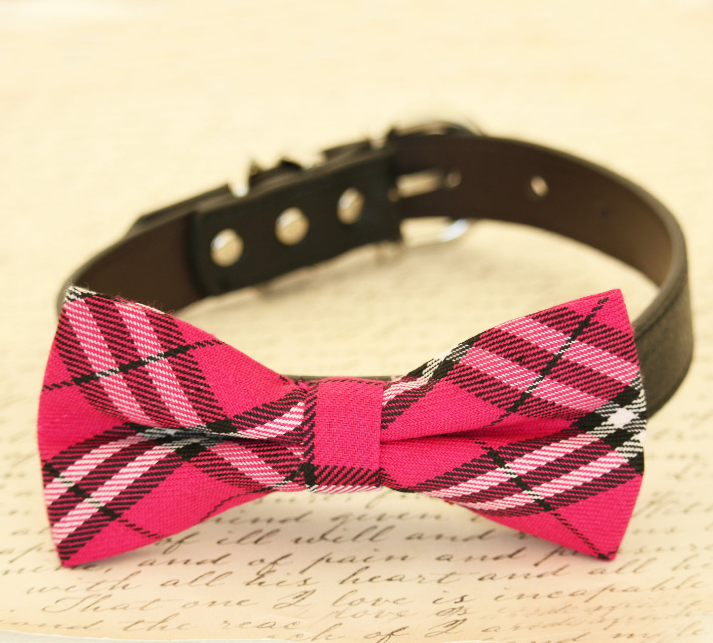 Hot Plaid pink Dog Bow Tie attached to collar, birthday gift, Wedding accessory , Wedding dog collar