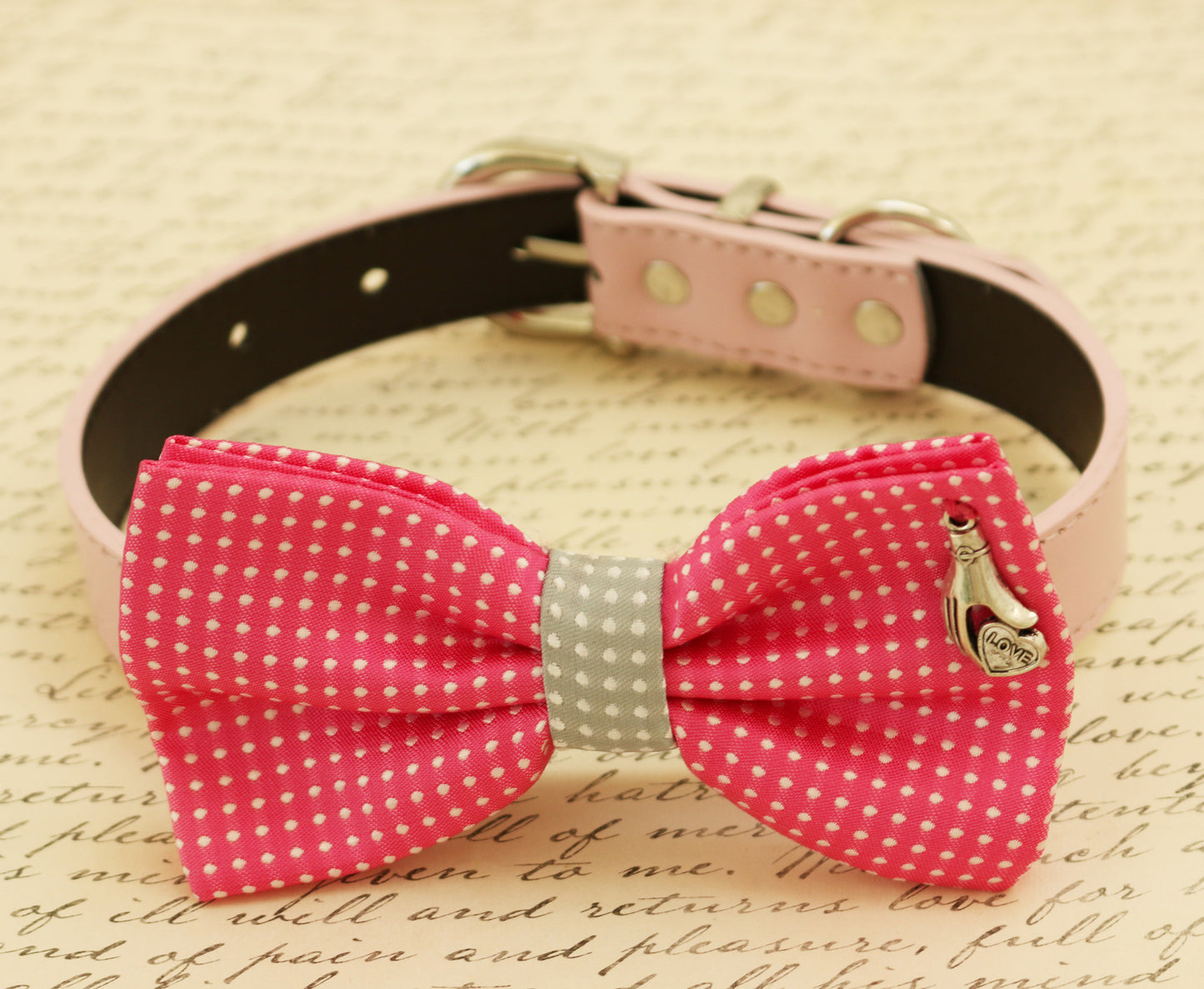 Hot pink dog bow tie attached to collar, Pet accessory, Charm, dog birthday , Wedding dog collar
