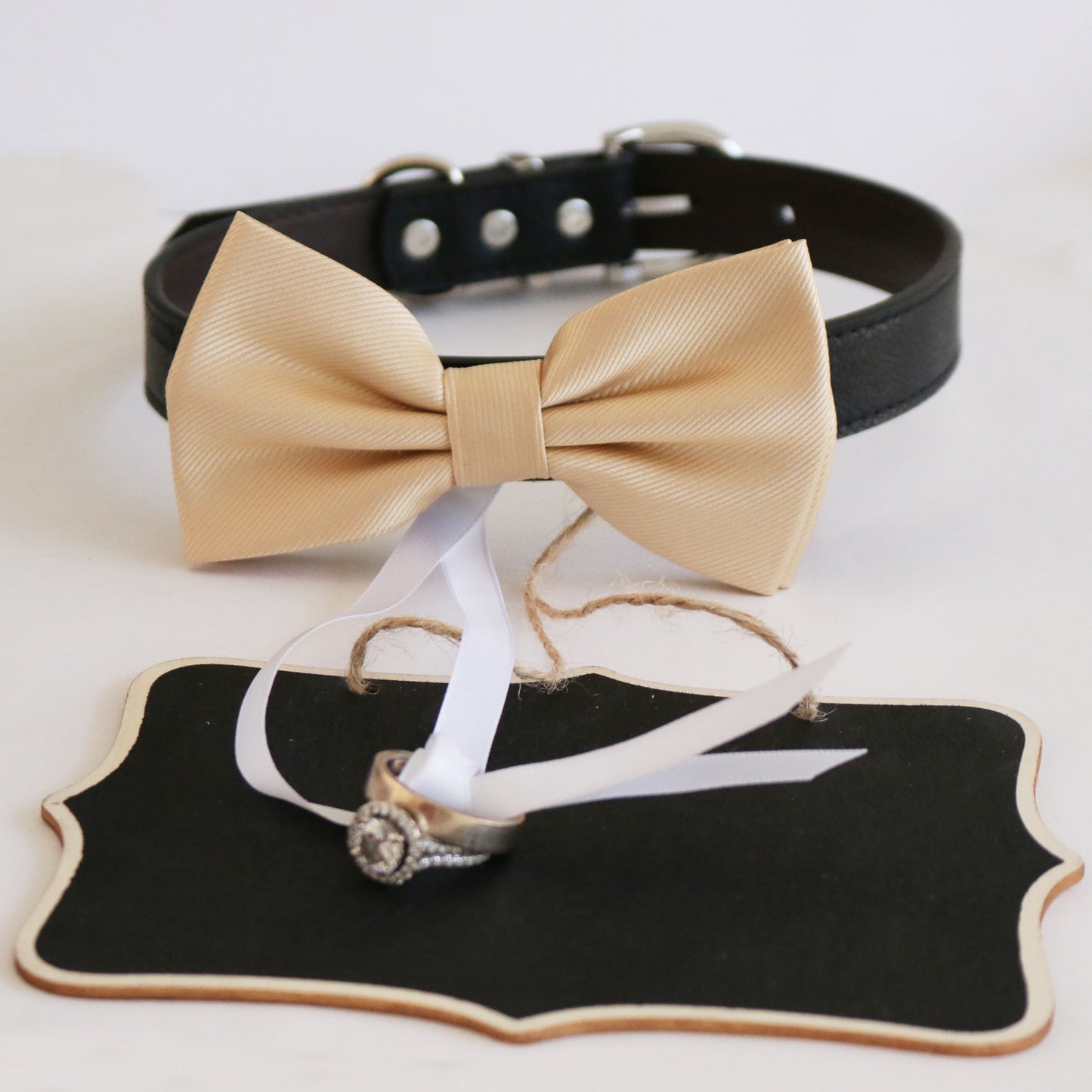 Dog Collar Ivory Bow Tie and Small Chalk Board, Bridal Sign, Here Comes the Bride Sign, Ring Bearer, Proposal sign , Wedding dog collar
