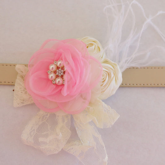 Pink Ivory Flower dog collar, Handmade Pearl beaded feather flower leather collar, Dog ring bearer proposal or every day use, S to XXL collar , Wedding dog collar
