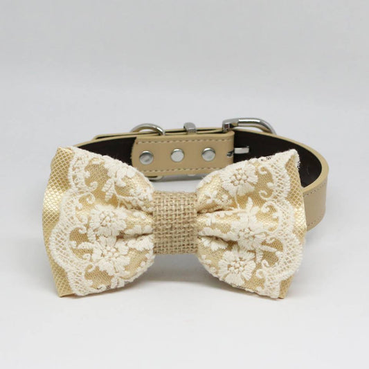 Ivory Lace Dog Bow Tie collar, Burlap, Rustic, Country, Pet wedding accessory, Classy , Wedding dog collar