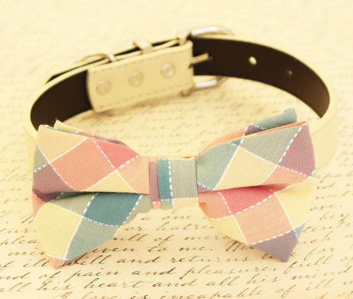 Plaid Dog Bow tie attached to collar, birthday, Pet wedding, Ivory Pink , Wedding dog collar