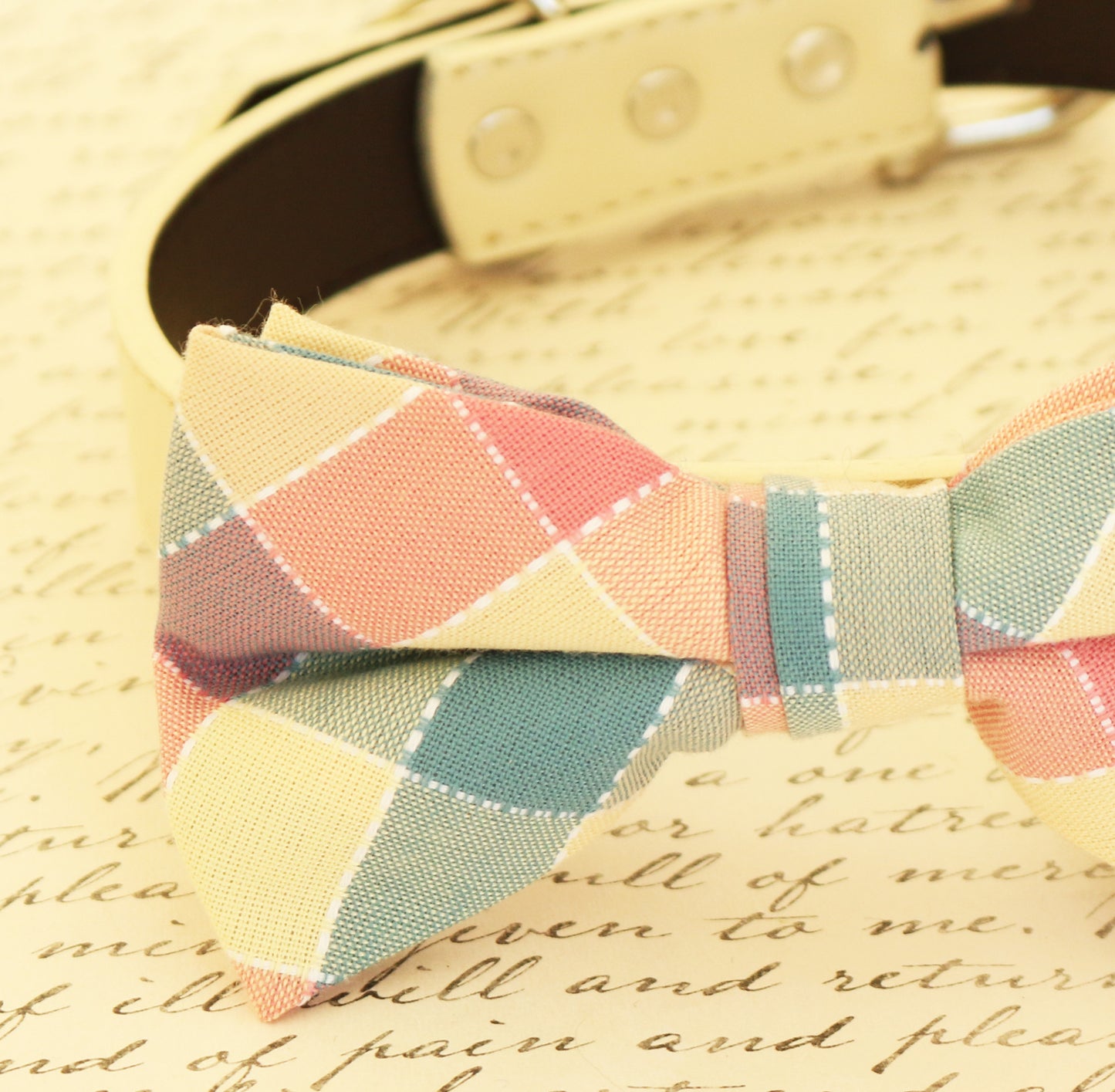 Plaid Dog Bow tie attached to collar, birthday, Pet wedding, Ivory Pink , Wedding dog collar