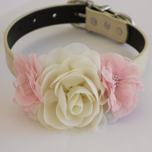 Handmade blush Ivory Flower dog collar, flower leather collar, Dog ring bearer proposal XS to XXL collar, Puppy Girl flower collar , Wedding dog collar