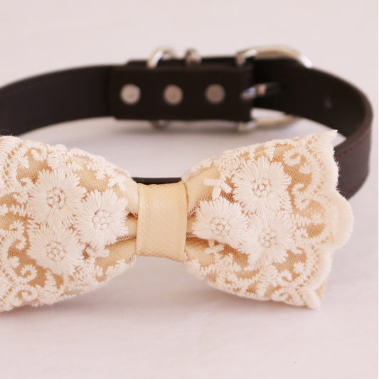 Ivory lace bow tie dog collar  girl collar, M to XXL Collar, Dog ring bearer ring bearer, Handmade adjustable collar , Wedding dog collar