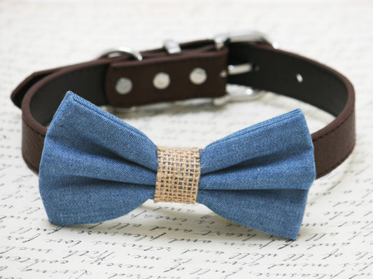 Blue Burlap dog bow tie collar, dog birthday gift, denim bow tie , Wedding dog collar