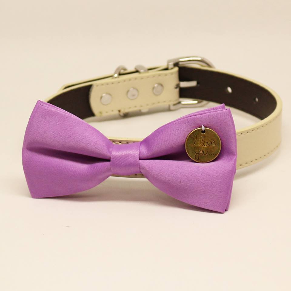Lavender Dog Bow Tie collar, Pet wedding accessory, Charm (I Love You), Puppy, birthday gift , Wedding dog collar