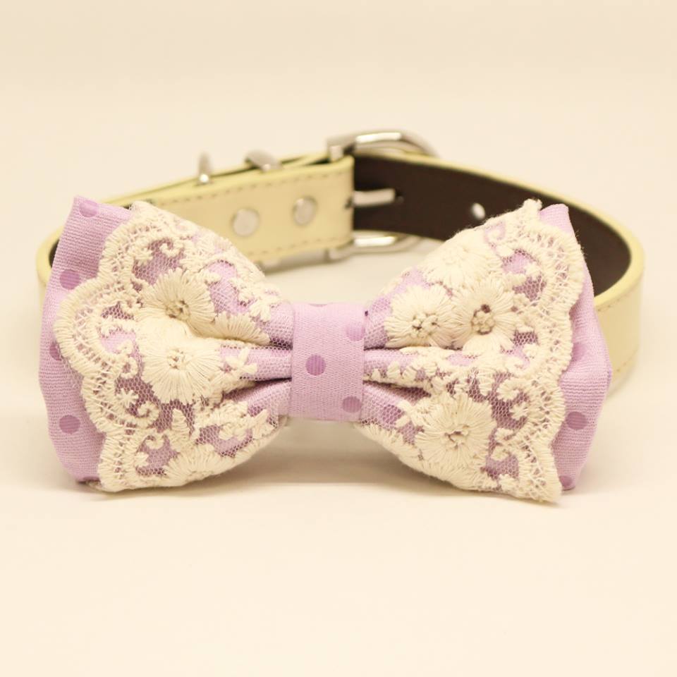 Lavender Polka Dots Dog Bow Tie Collar, Pet Wedding Accessories, birthday gift, Lace , Wedding dog collar