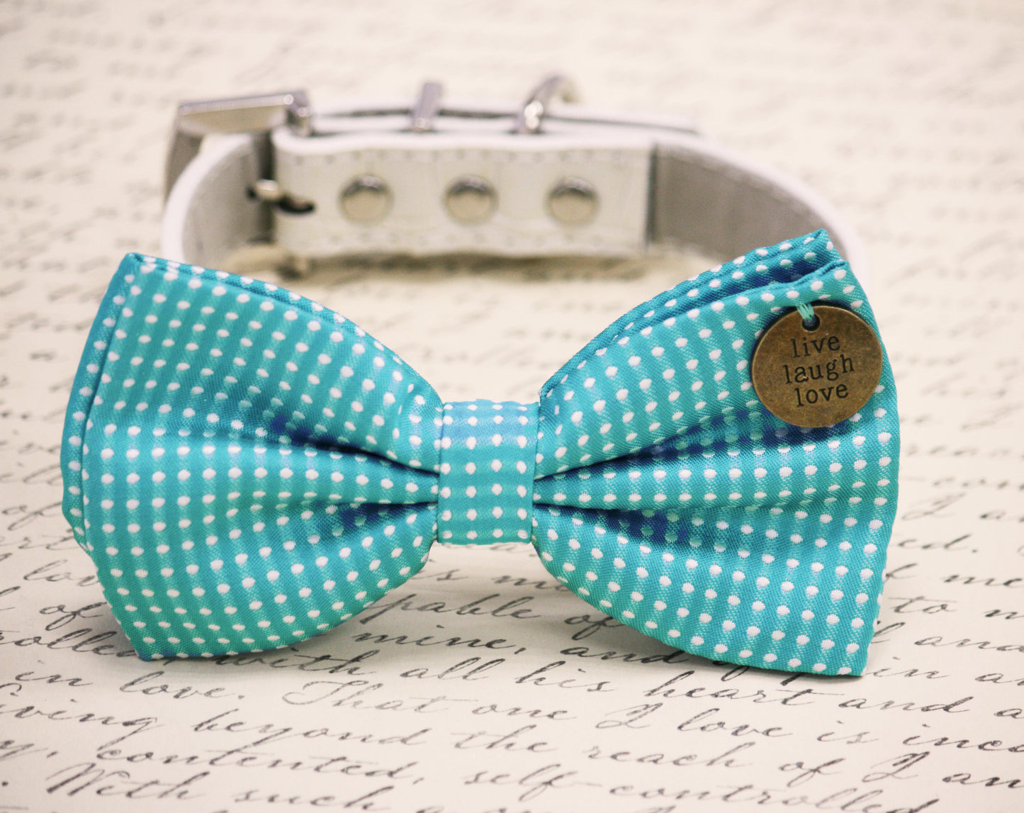 Blue Dog Bow Tie collar, Live Love Laugh charm, Polka dots wedding , Wedding dog collar