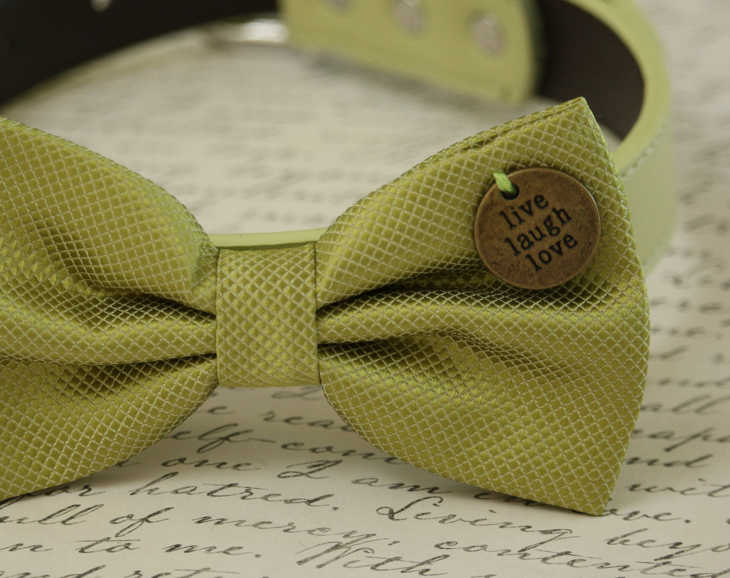 Green dog bow tie collar- Live, Love, Laugh, Greenery , Wedding dog collar