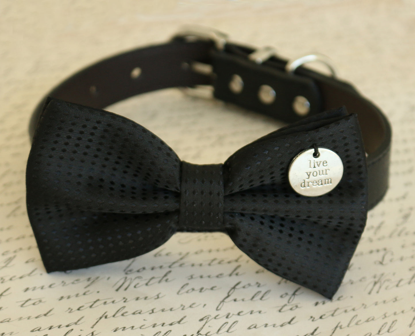 Black Dog Bow tie attached to collar, Dog birthday gift, Pet wedding accessory , Wedding dog collar