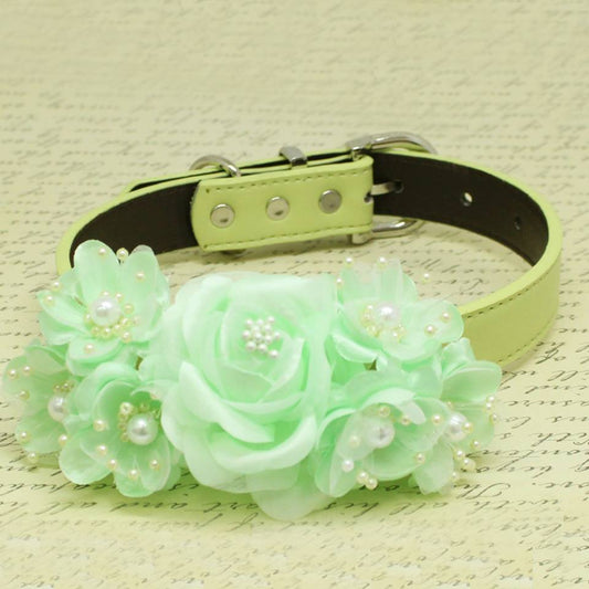 Mint Green Floral Wedding Dog Collar, Rose Flowers with Pearls, Wedding Dogs Accessory , Wedding dog collar