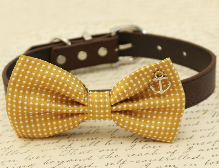 Mustard Dog Bow Tie, Polka dots attached to collar, Beach wedding , Wedding dog collar