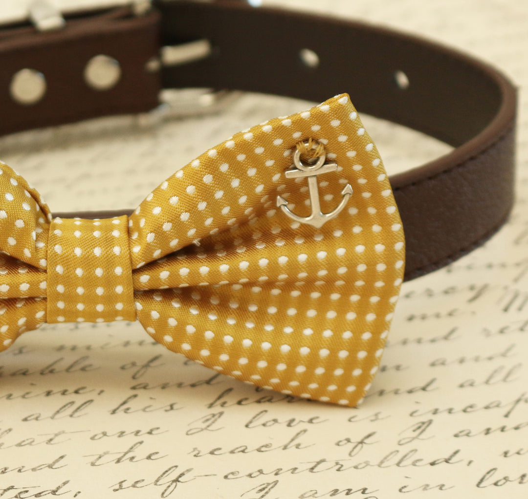 Mustard Dog Bow Tie, Polka dots attached to collar, Beach wedding , Wedding dog collar